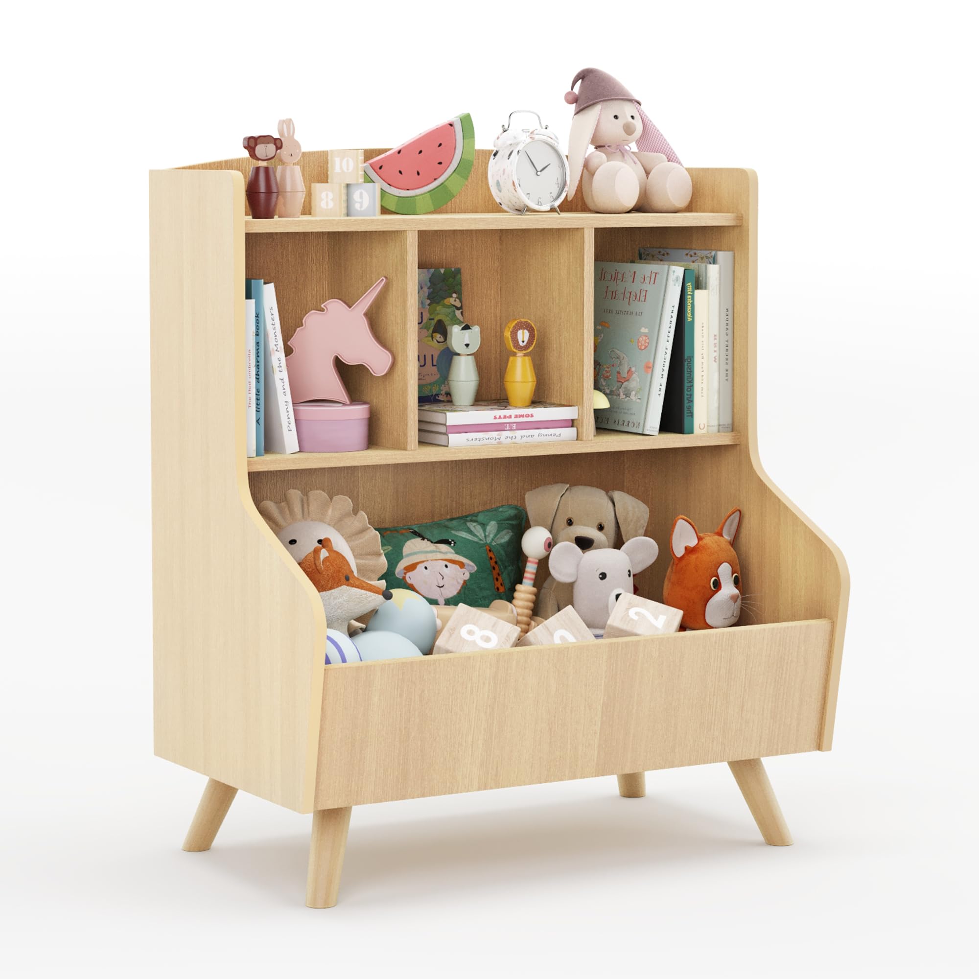 LUE BONA Bibliothèque Enfant,Coffre à Jouets pour Enfants,Rangement Jouet Enfant avec 3 Compartiments et 3 Cubes Ouverts,Bibliothèque Meuble de Rangement,36 × 61 × 71 cm,Teinte de Bois Brut
