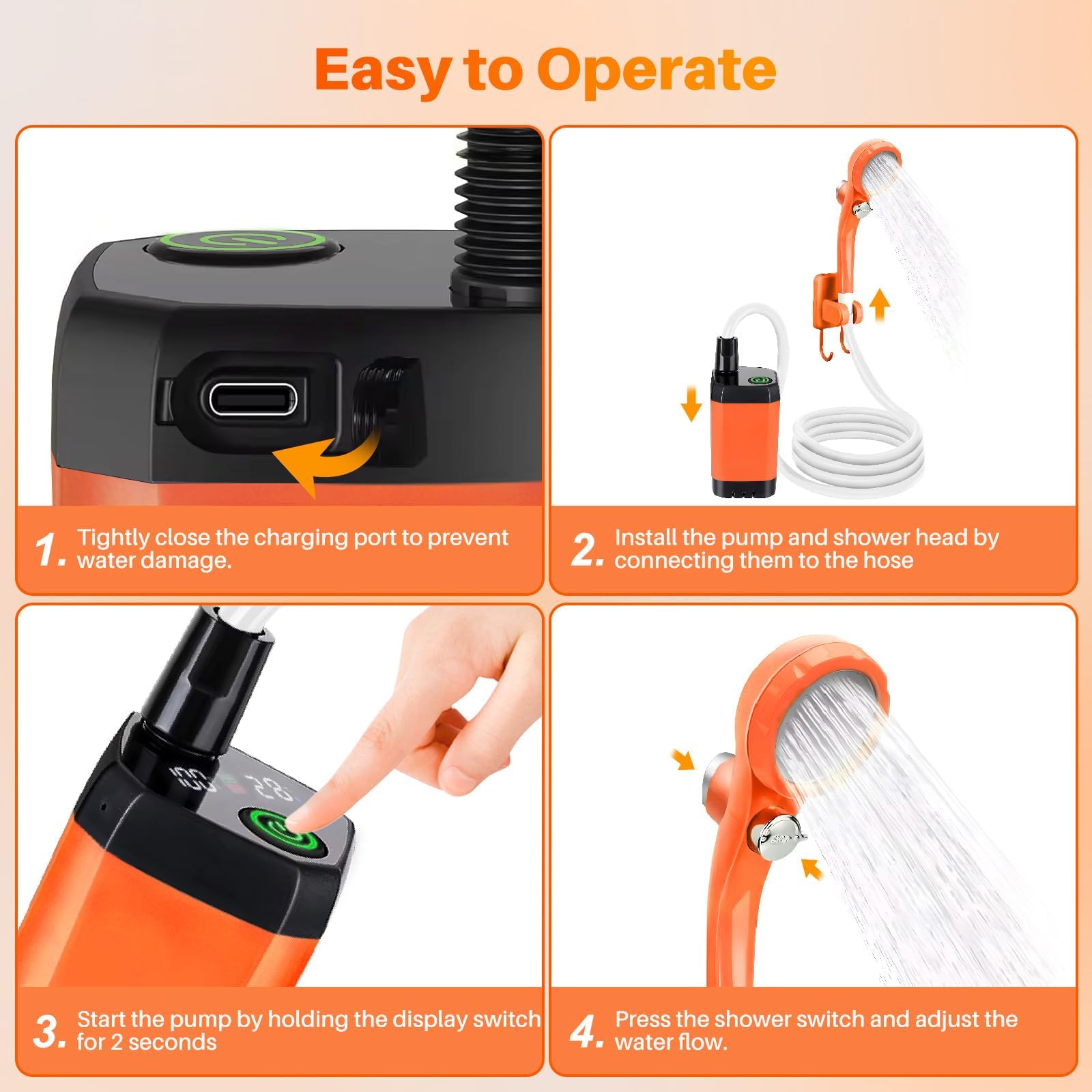 Douche de camping portable avec chauffage, 6000 mAh rechargeable avec chauffage à immersion automatique de 2000 W, écran LED, douche extérieure chauffante pour voyage, randonnée, voiture