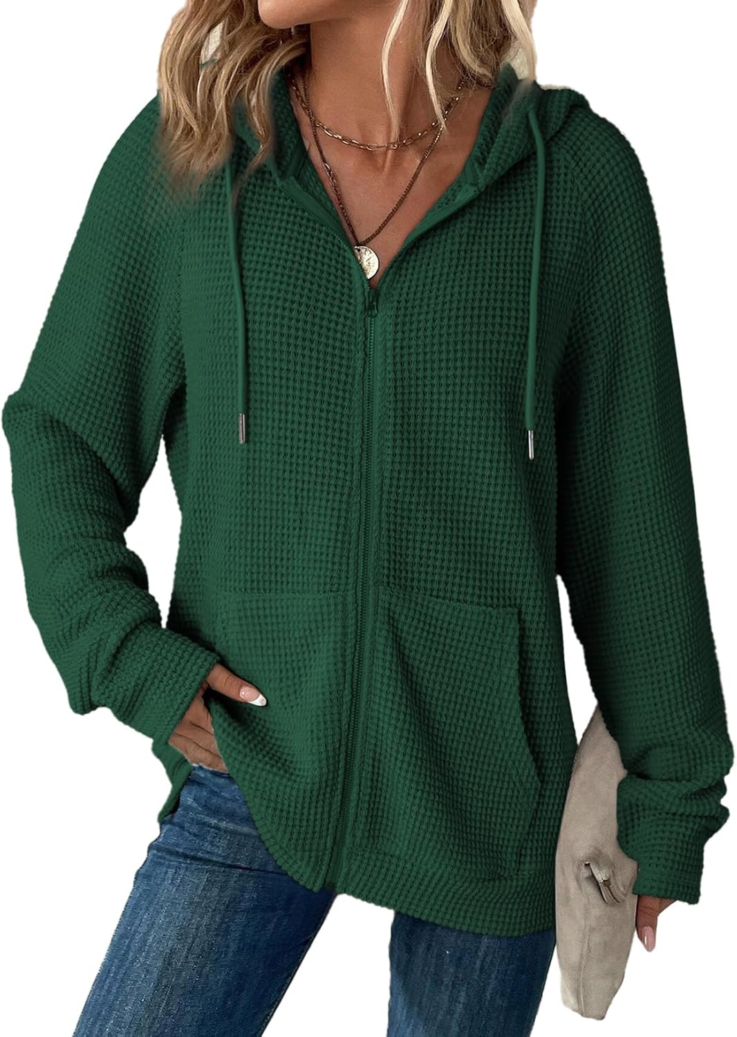  Women's Full Zip Up Hoodies Waffle Knit Long Sleeve Sweatshirt Tops thumbnail