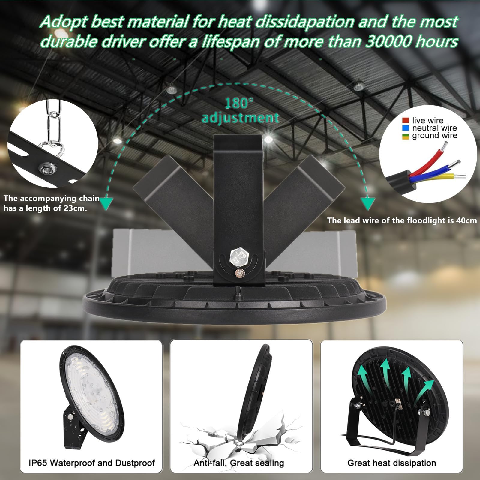 JBdusn 300W LED UFO High Bay Light, 6500K Ultra Thin Warehouse Lighting With Bracket, LED Bay Lighting Shop Industrial Lamp Area Workshop Garage