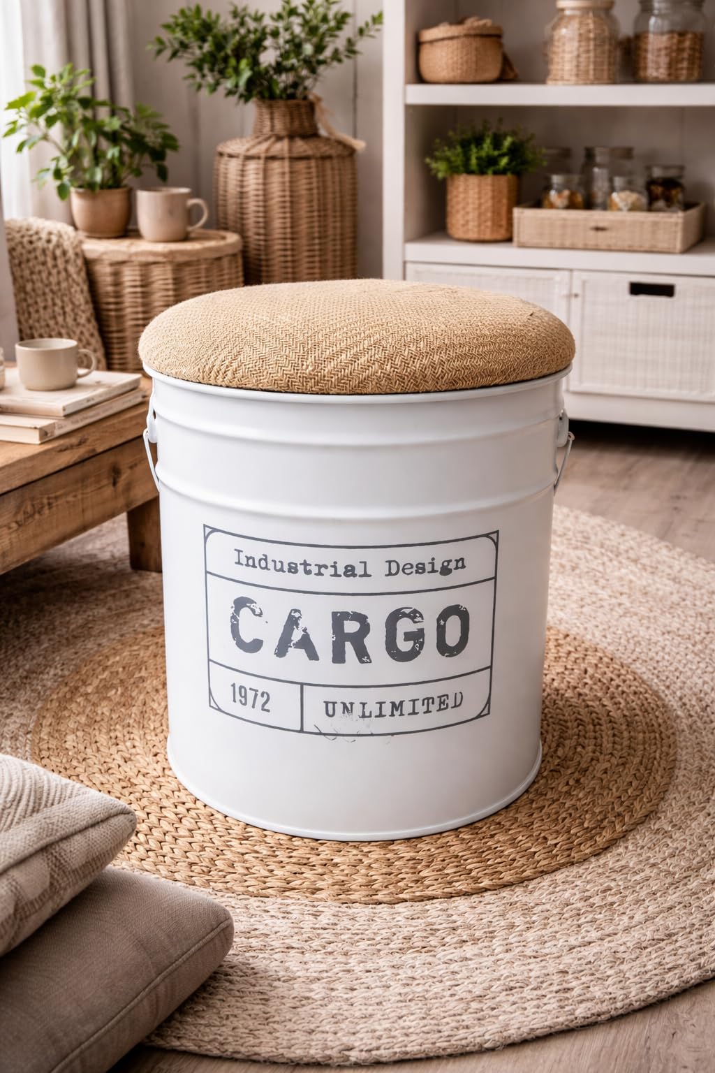 Sgabello Pouf contenitore in stile industriale 31x40 cm,Bianco, Sgabello decorativo in metallo camera da letto e soggiorno, Coperchio/seduta Morbida(FIL 61125 Bianco)