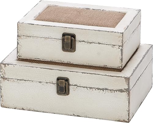 Deco 79 Caja decorativa de madera con tapa con bisagras, juego de 2 cajas de almacenamiento de 10 pulgadas, 8 pulgadas de ancho, color blanco
