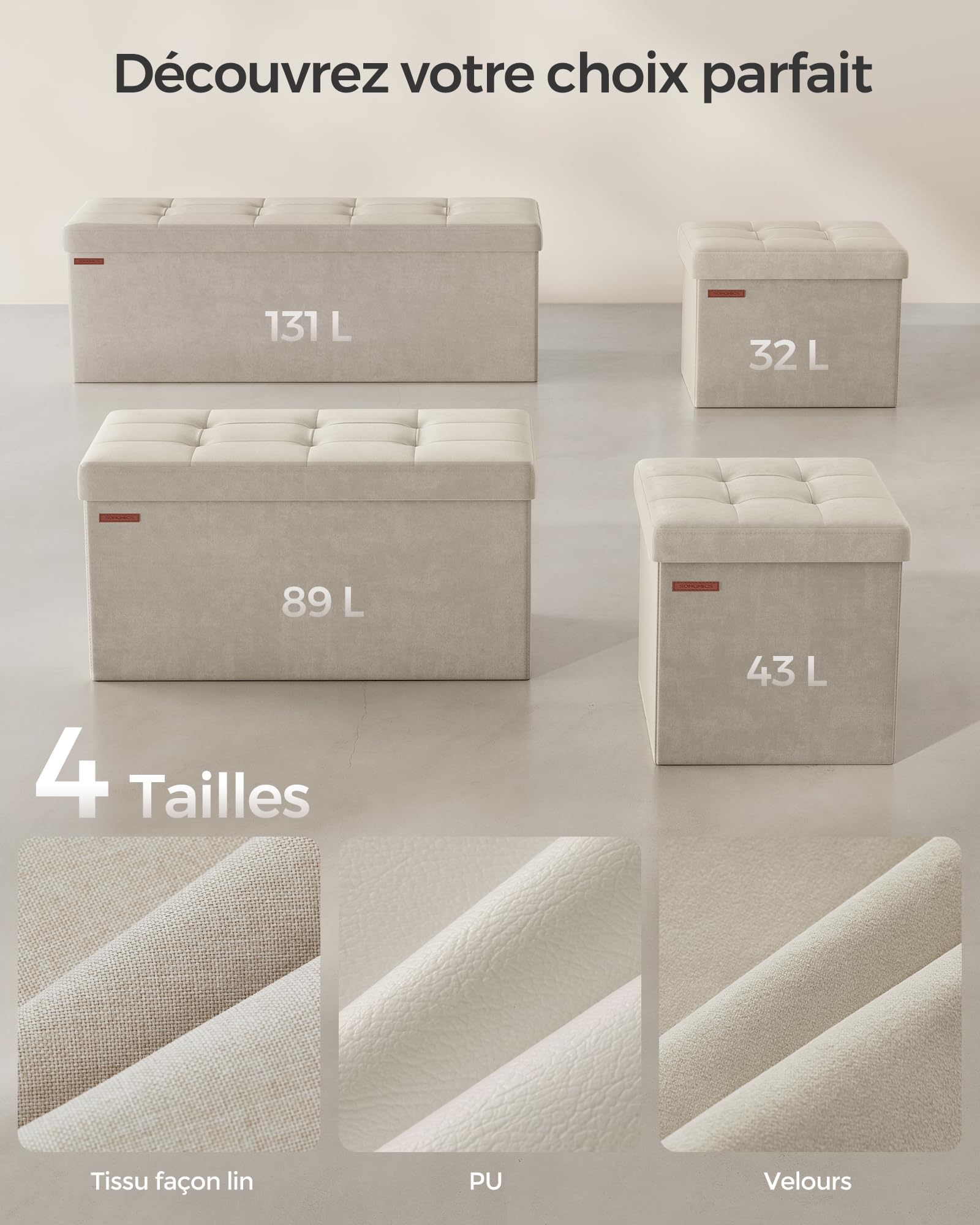 SONGMICS Tabouret de Rangement, Petit Pouf Pliable, 38 x 38 cm, Repose-Pieds Cubique avec Rangement, Charge jusqu'à 300 kg, pour Salon, Chambre, Dortoir, Blanc Crème LSF227W01