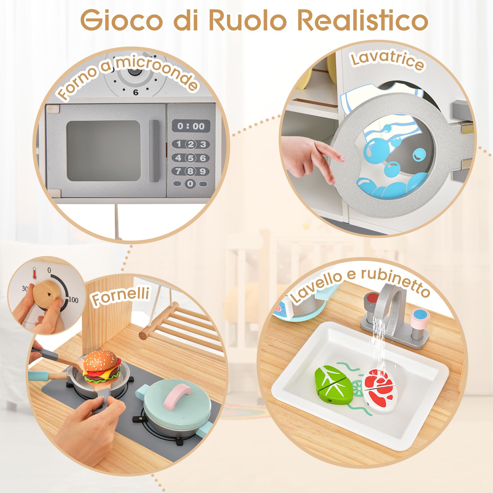 COSTWAY Cucina Giocattolo per Bambini in Legno, Set da Cucina per Bambini con Forno a Microonde, Accessori Vari per Cucinare, per Bambini 3 Anni +, TM-70, Bianco