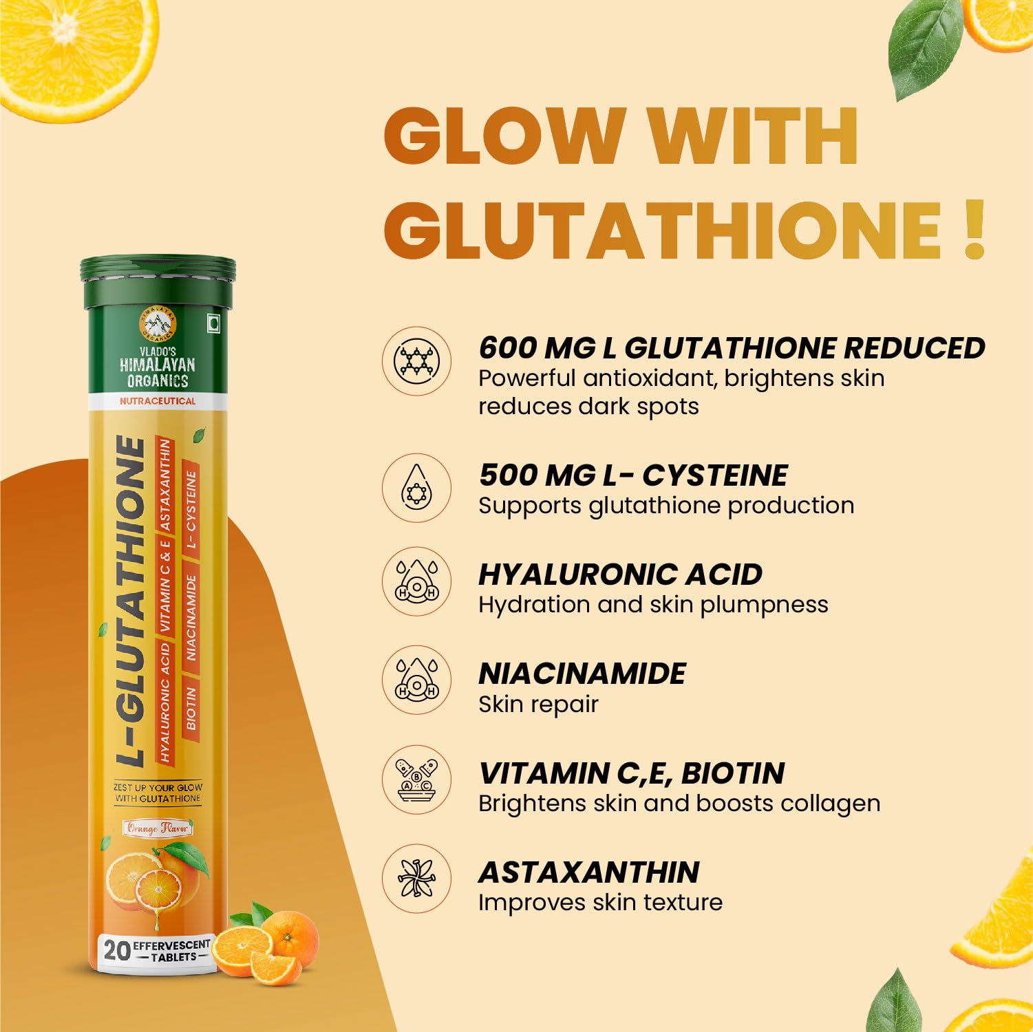Vlado's Himalayan Organics Japanese Reduced L Glutathione Effervescent Tablets 1150mg with Hyaluronic Acid , Niacinamide, Biotin, Vitamin C, E , Astaxanthin, L Cysteine - For Anti-Pigmentation Skin Lightening, Detoxification Pigmentation,& Tan Removal , Skin Glow Supplement - 20 Effervescent Tablet ( Pack of 1 ) 2