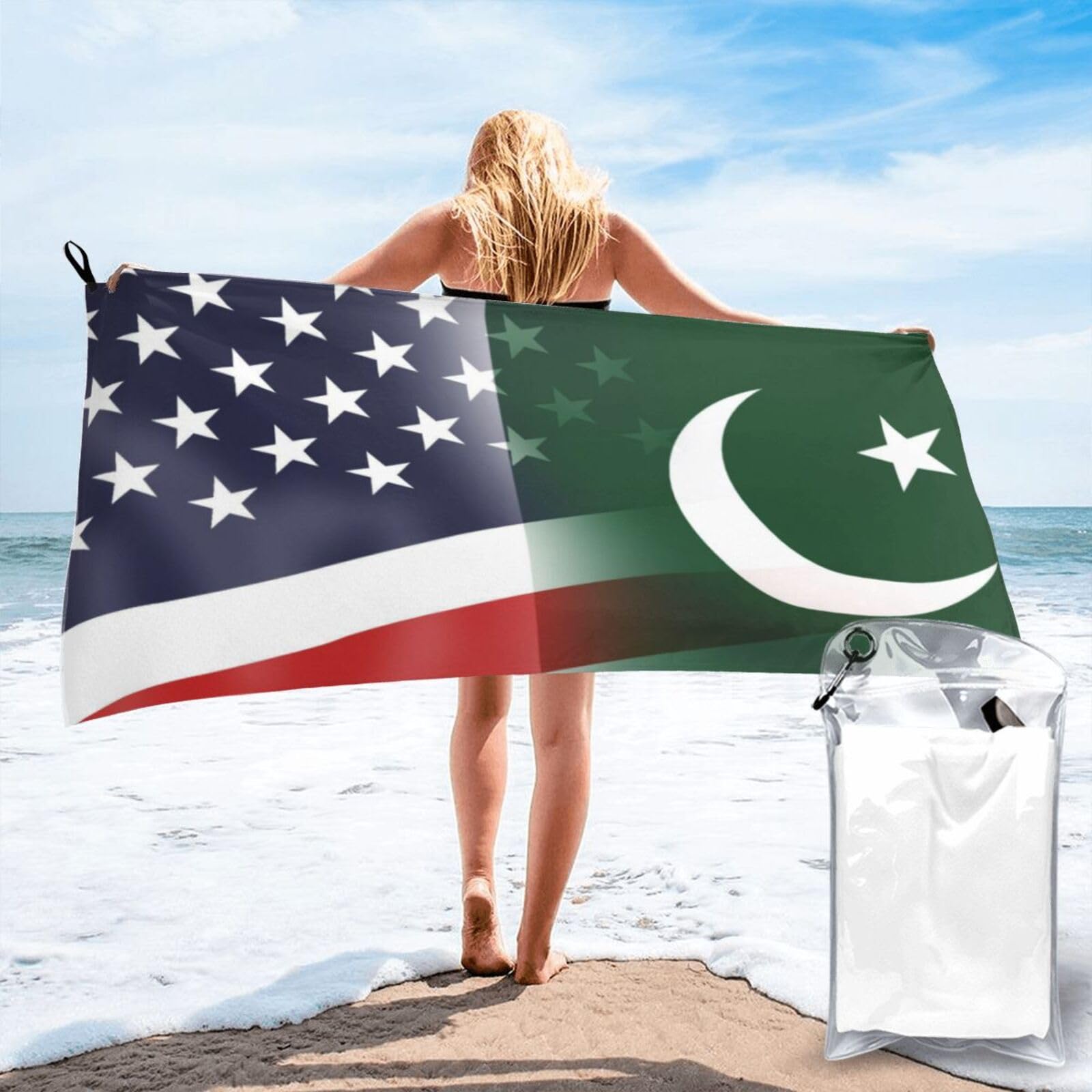 HACXZ Funny America Flag and Pakistan Pakistani Flag Absorbent Beach Towel Microfiber Beach Shower Towel 31.5"X63"
