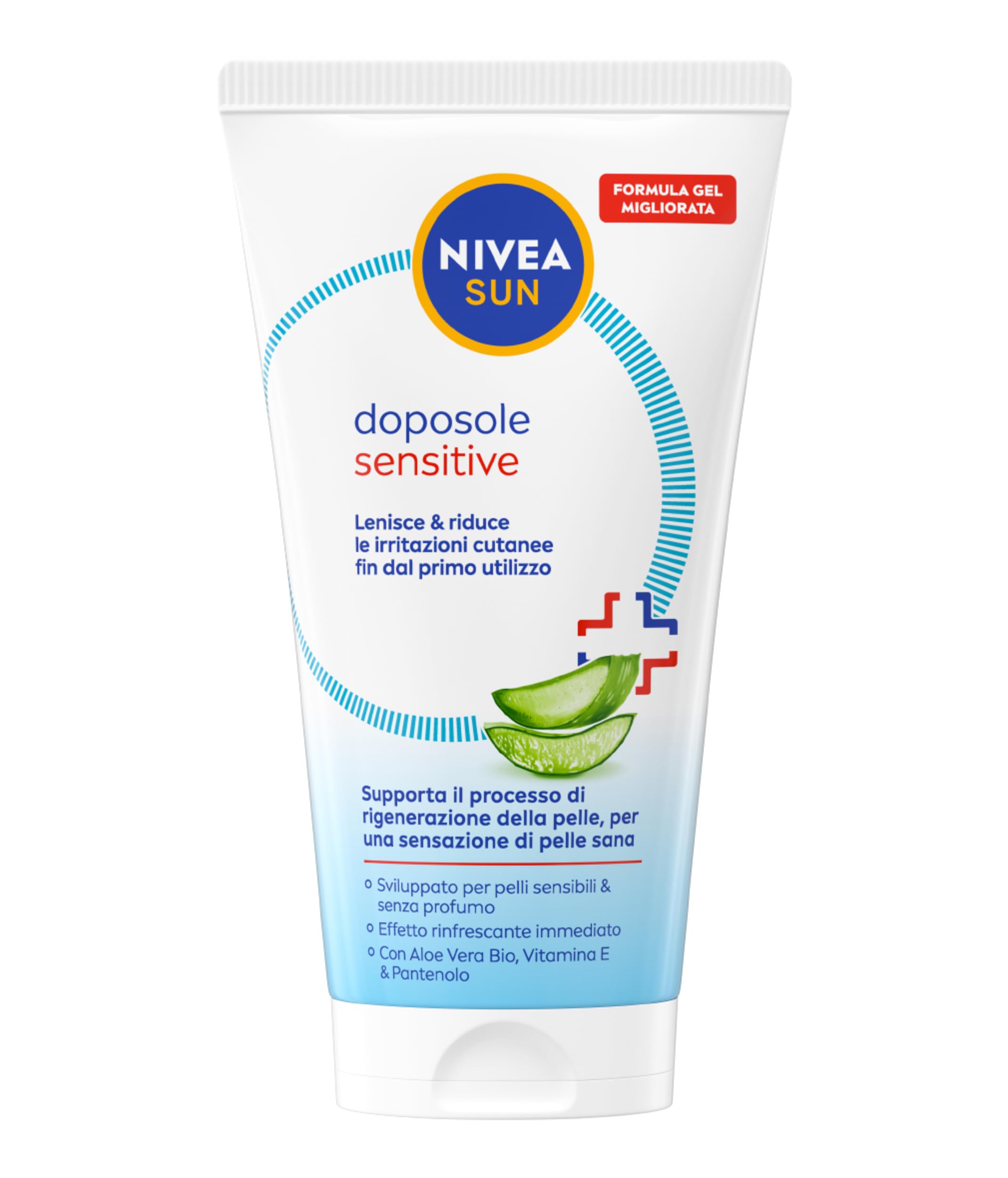 NIVEA SUN Doposole Sensitive 150 ml, Dopo sole in gel idratante, lenitivo e rinfrescante, Aftersun con Aloe Vera Bio, Vitamina E e Pantenolo, Assorbimento rapido, Senza profumo, Per pelli sensibili
