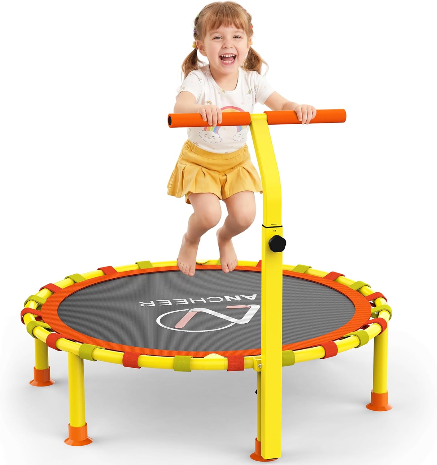 ANCHEER 38'' Kids Trampoline with Adjustable Handle, Indoor Outdoor Safe Rebounder, Heavy-Duty Recreational Trampoline with Safety Bar for Toddlers & Kids Home Play, max 150lbs Weights Capacity