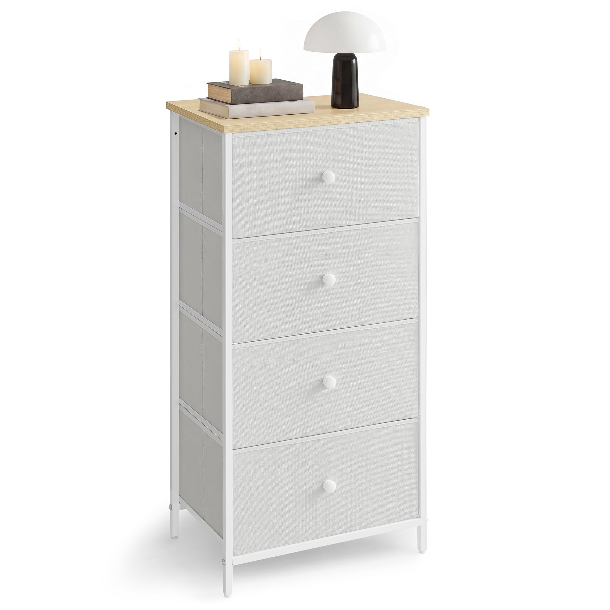 SONGMICS Chest of Drawers Bedroom, Drawer Storage Unit, Dresser with 4 Fabric Drawers, Metal Frame, Tall and Slim, for Closet, White and Oak LTS314W57