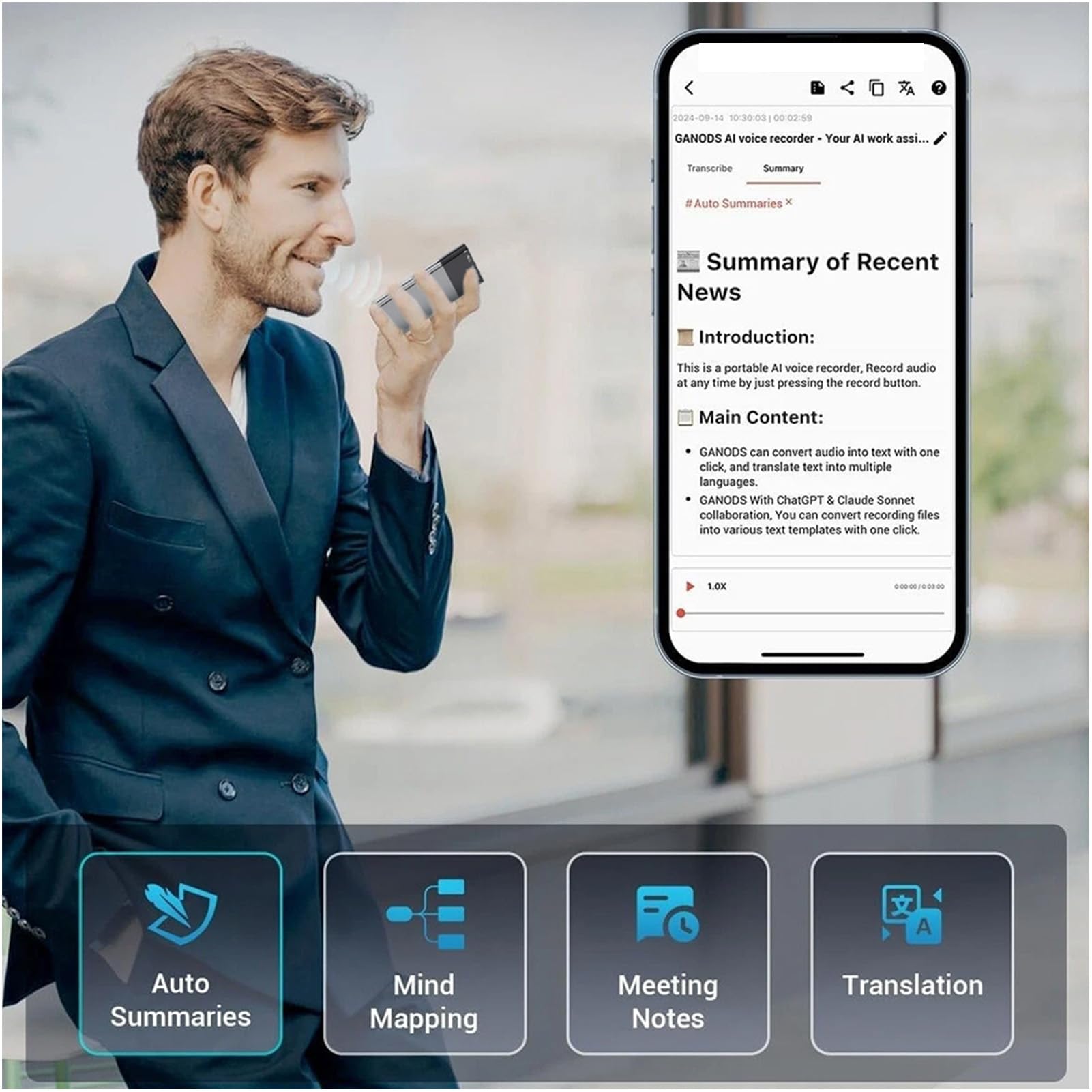 Denash Digital Voice Recorder AI, App Control 100+ Języki Transkrybujące Spotkania, łatwo Dołącz do Telefonu, 12 Godzin Ciągłe Nagrywanie, Lekkie, Samodzielne Nagrywanie z redukcją (64G)