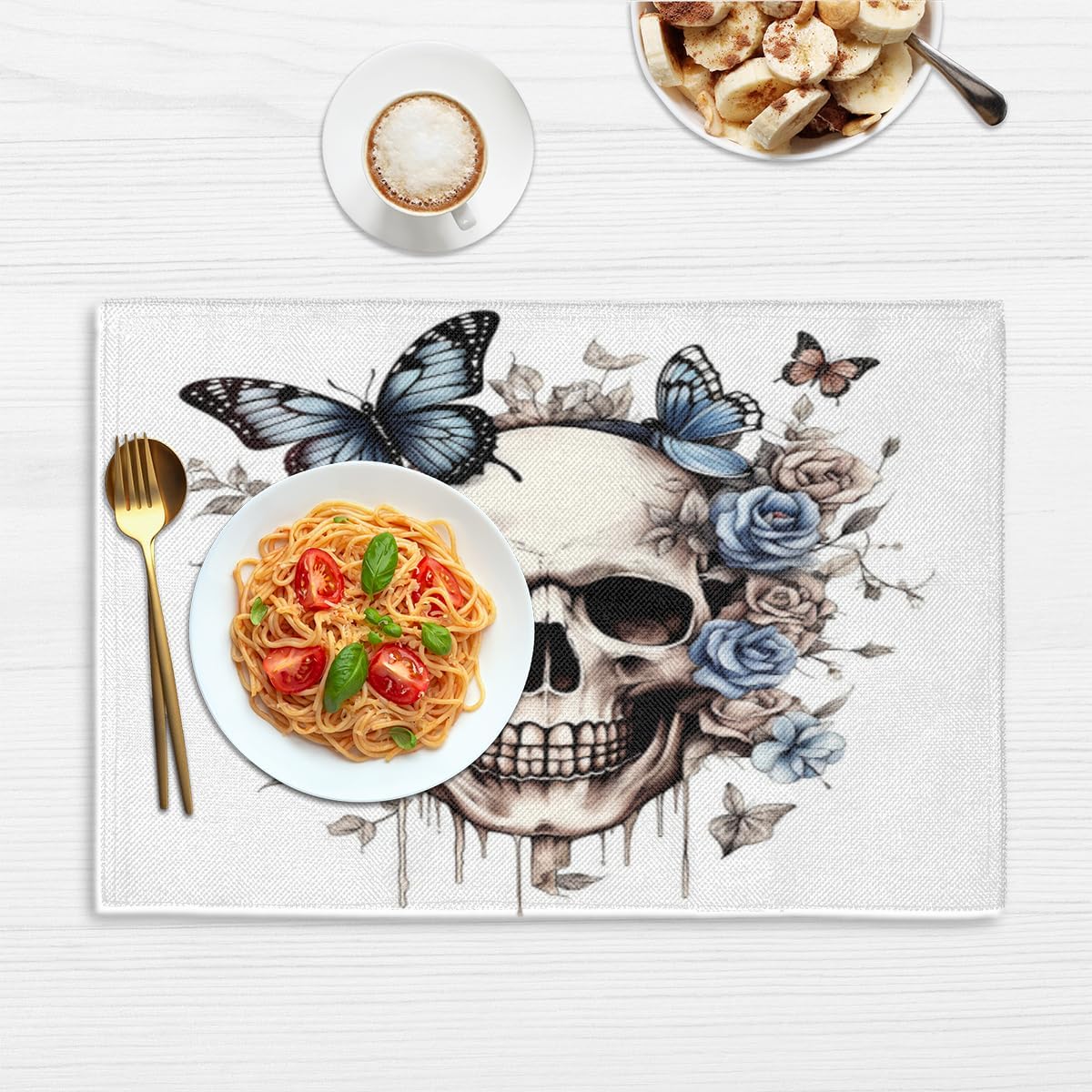 Skull Butterfly Rose Flower Skeleton Placemats Set of 6 Decorative Dinner Place Mats Washable Table Mat for Gifts, Holiday, Birthday Party, Wedding & Dining