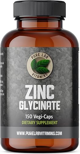 Suplemento de glicinato de zinc de 23 mg 150 cápsulas veganas por Pure Lab Vitamins Sal de aminoácidos para una piel y uñas saludables Apoya el