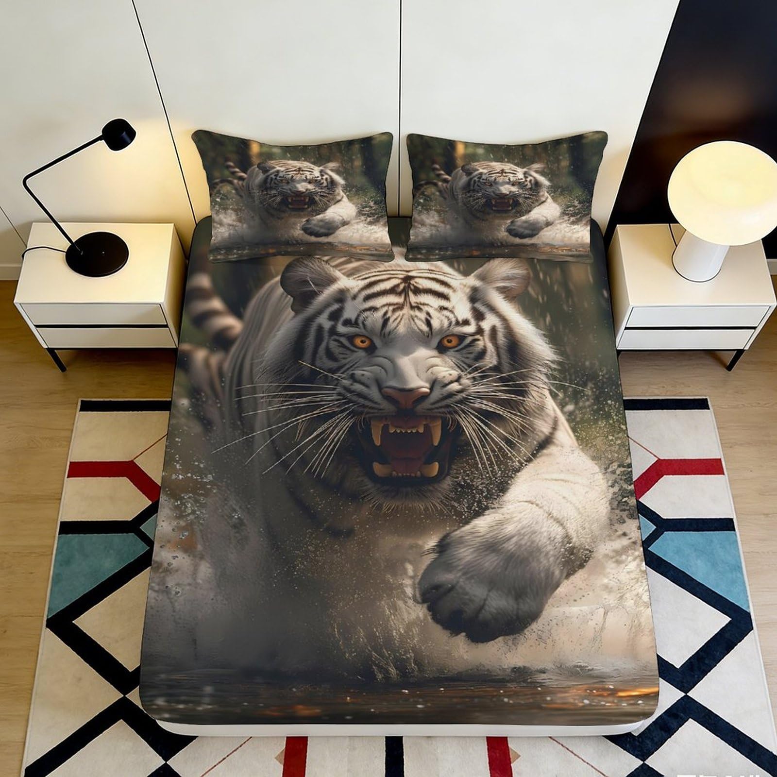 Uxinyoume Style-8 3D Printed White Tiger Fitted Sheet Microfiber Soft Breathable Wild Animal Bed Cover For Bedroom Dorm Decor Mattress Protection 90X200x25cm