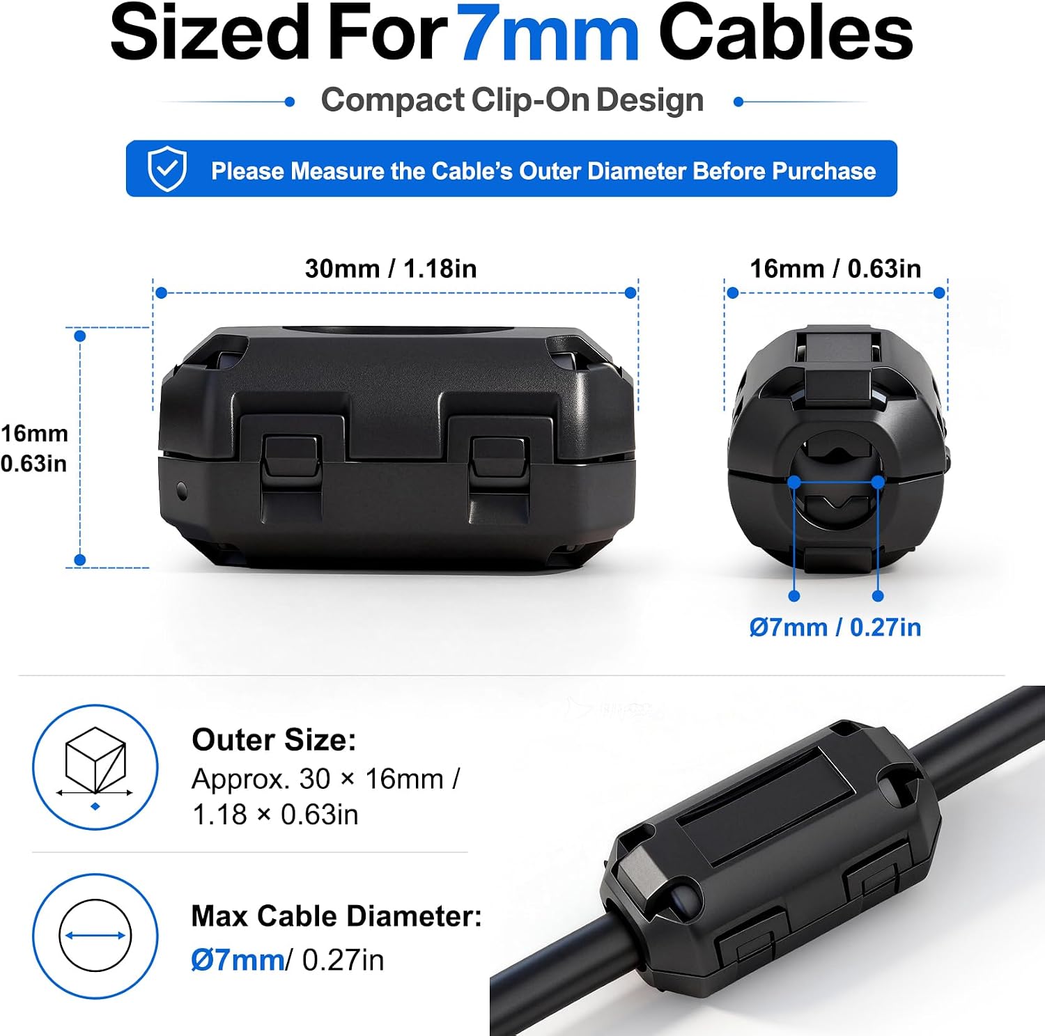 EMI RFI Noise Filter Cable Ring, Roctee 12 Pcs Ferrite Choke Snap On Noise Suppressor Cable Clip Electronic Ferrites Core for 7MM Diameter Wire (Black)