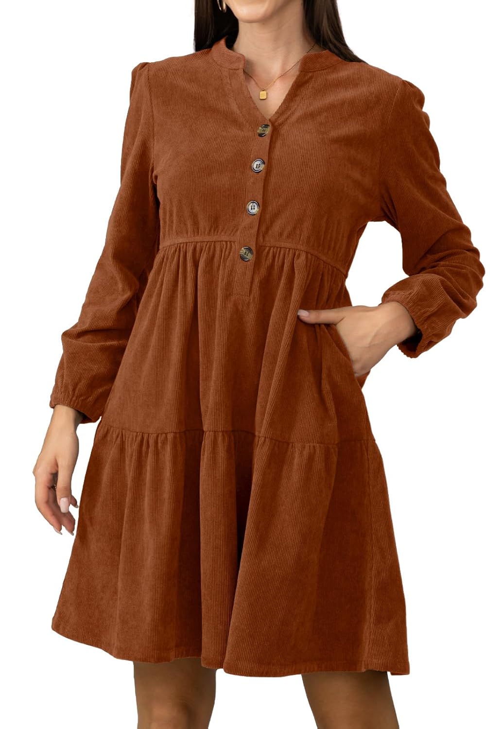 Jayscreate Womens 2025 Long Sleeve Corduroy Dress Above Knee A-Line V Neck Fall Winter Short Work Dress