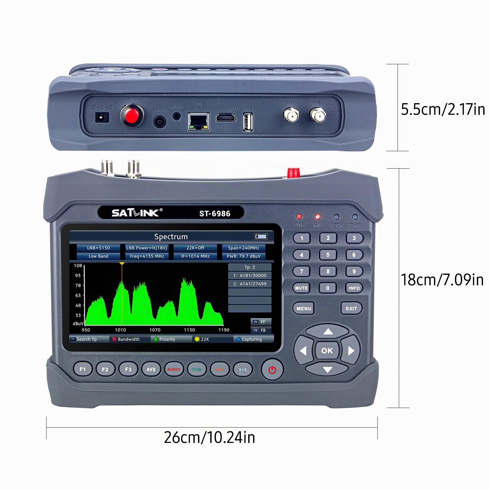 Geevorks Satfinder ST-6986 DVB-S/S2/T/T2/C Finder Satellitare Combo TV Satellitare Signal Finder Misuratore di Segnale Portatile Digitale HEVC H.265 (10 Bit) MPEG-4 con LCD TFT da 7 Pollici