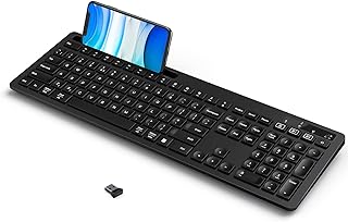 Multi-Device Wireless Bluetooth Keyboard with Phone Holder Compatible for Mac OS, Windows, Android, iOS, Full Size Dual Mode Cordless Keyboard QWERTY UK Layout with USB Receiver for PC/Laptop/Computer