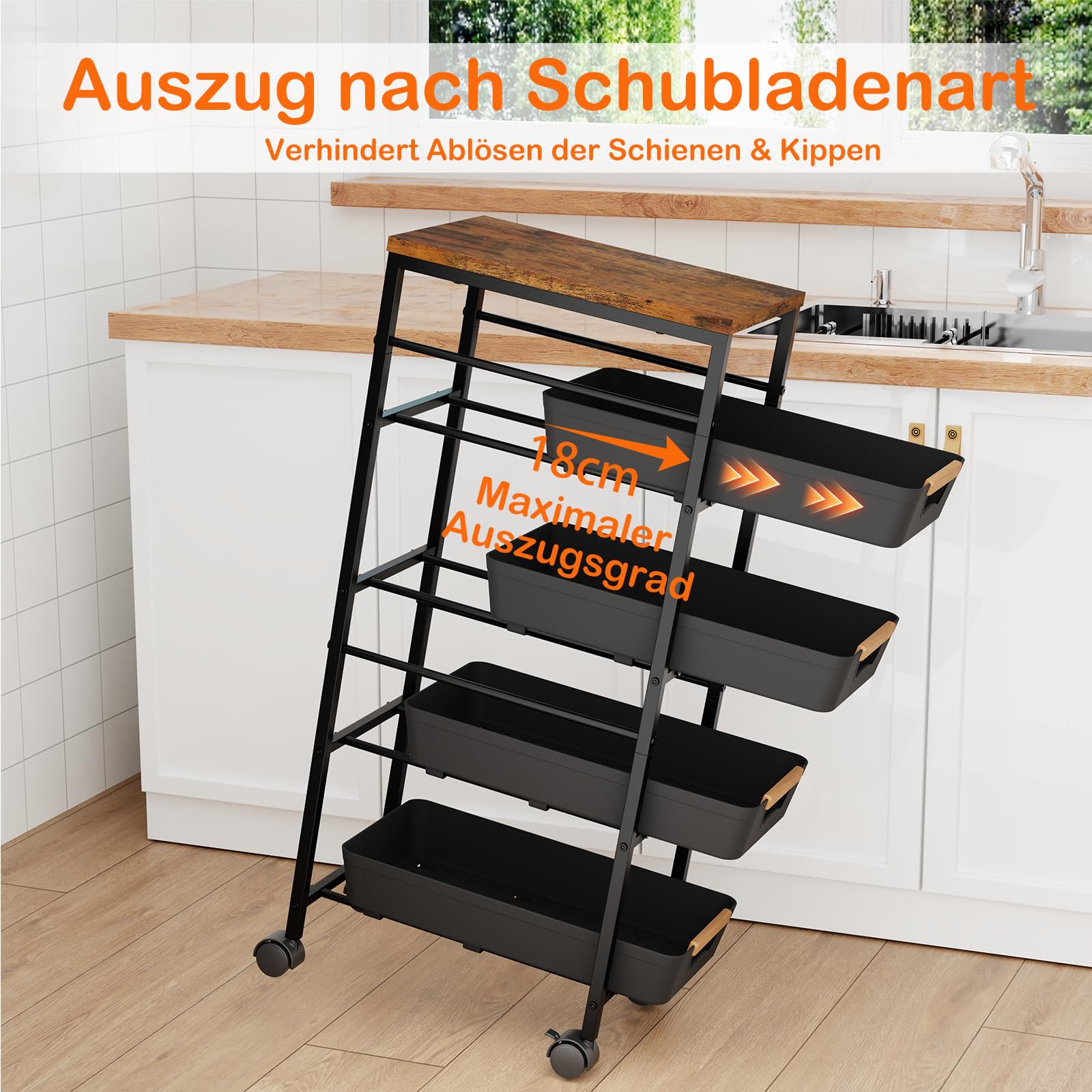 5-étagiger Schmaler Aufbewahrungswagen mit Holzplatte, Rollender Küchenwagen mit Ausziehkörben & Rädern, Schmaler Organizer Schubladenwagen mit Auszug für Küche, Bad, Waschküche, Schwarz