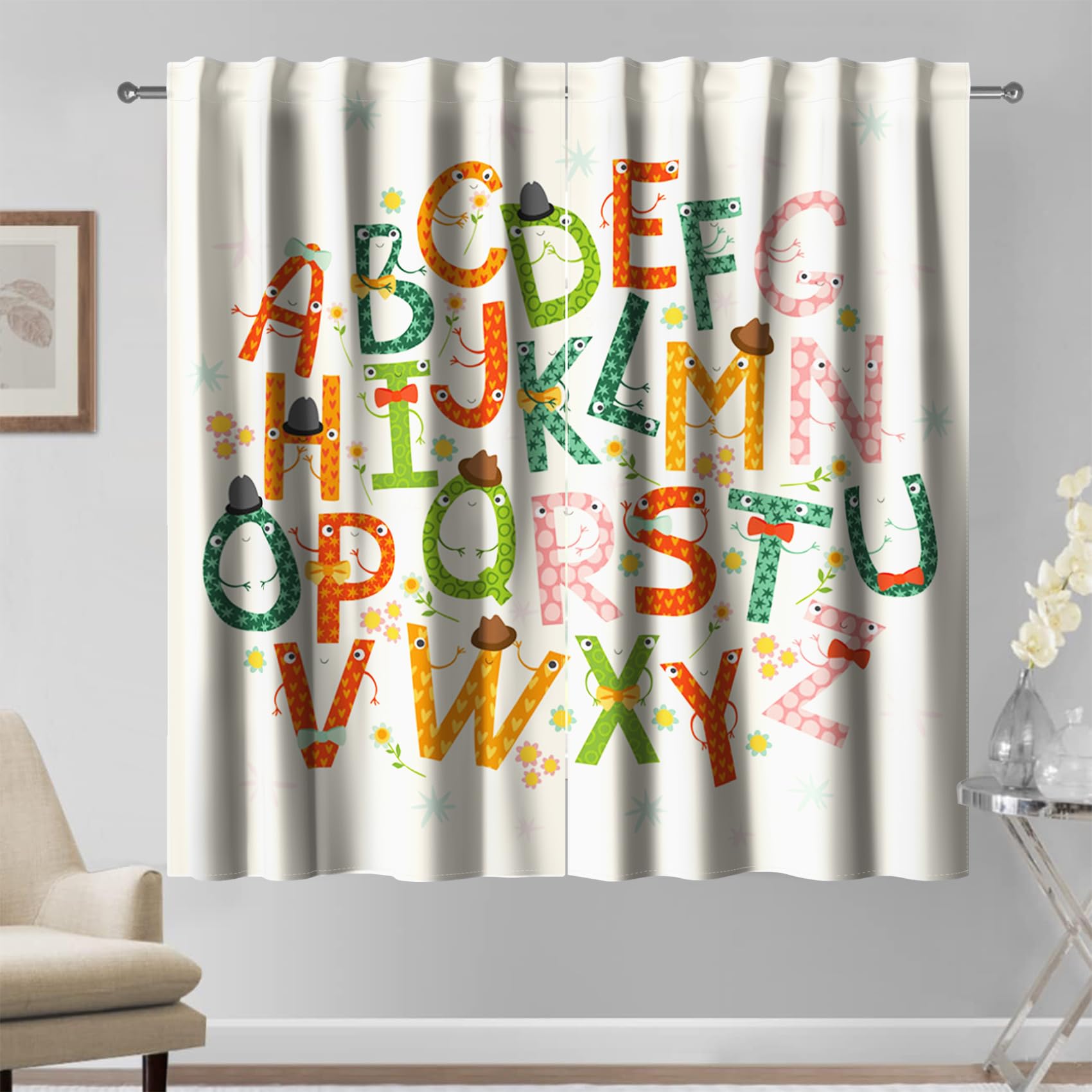 Kzzfqxb 107x160cm Kids Curtains 2 Panels, 26 English Uppercase Letters ABC Learning Rod Pocket Window Drapes, Cute Children Enlightenment Cartoon Decor for Boys Girls Baby Bedroom Nursery