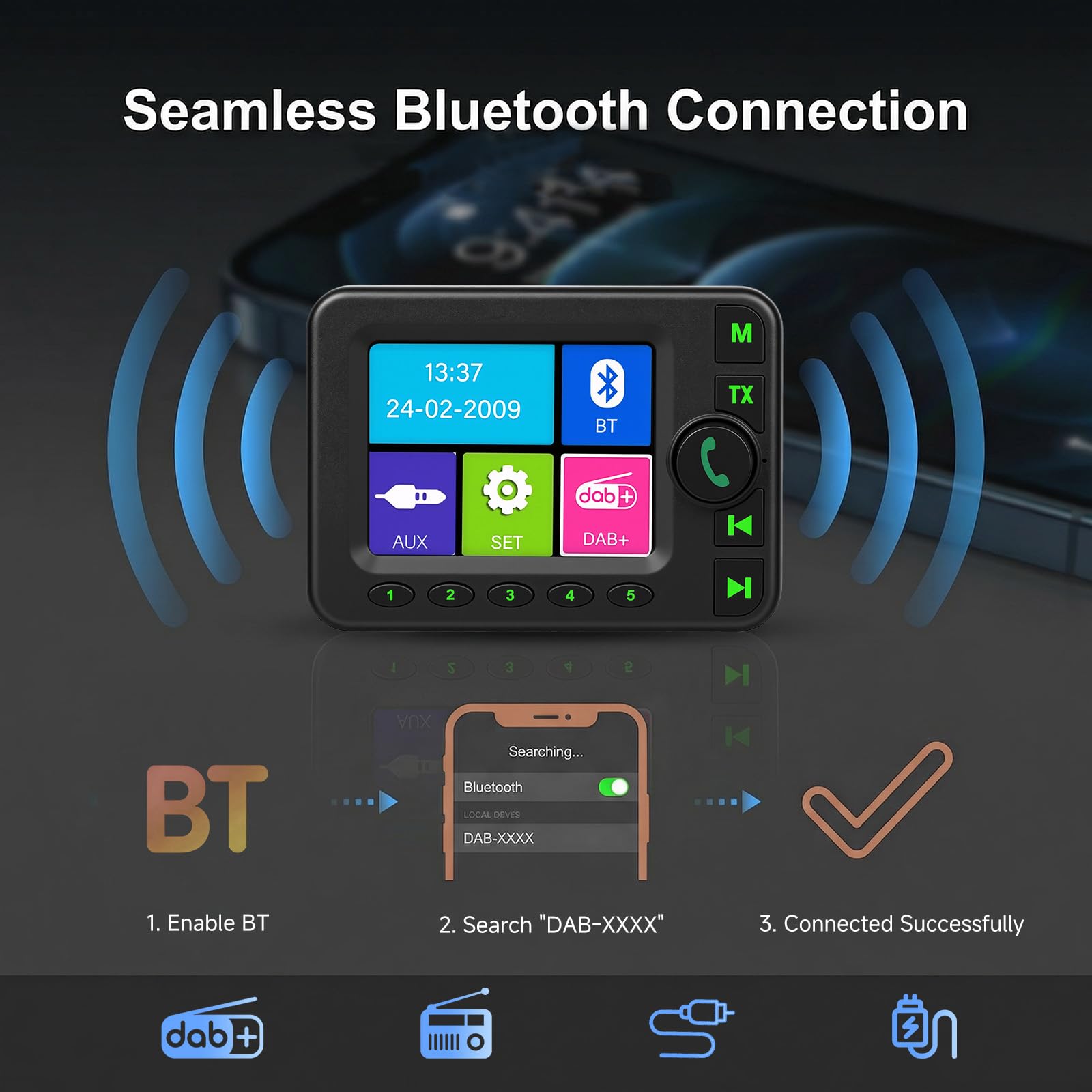 Adattatore DAB DAB+ per autoradio con Bluetooth, trasmettitore FM | Adattatore DAB Plus per auto, ingresso e uscita AUX, antenna ad alta sensibilità, chiamate in vivavoce, display da 2,8"