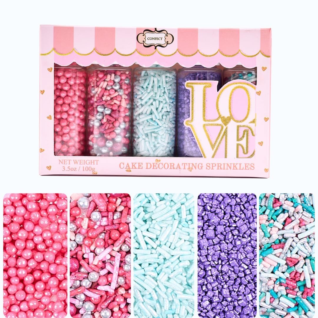 Unicorn Party Sprinkles – Edible Cake Decorating Mix with Teal Jimmies, Hot Pink, Lavender & Coral Pearl Dragees, Purple Sparkling Sugar – Fun & Colorful Toppings for Cakes, Cupcakes, Cookies – Nut-Free, Soy-Free, Dairy-Free, Palm Oil-Free - 140 Gms