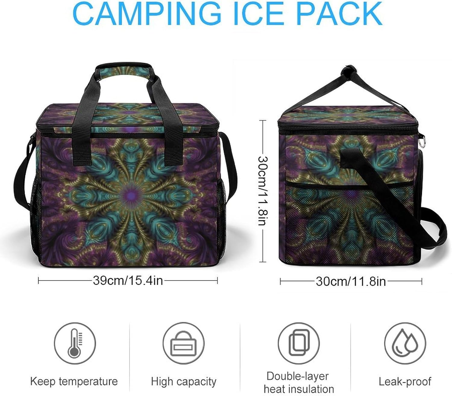 Insulated Picnic Backpack Tote Bag, Large Capacity 30L Fractal Art Cooler Bag Leakproof Beach Bags Portable Lunch Box Waterproof Picnic Basket for Beach Camping BBQ