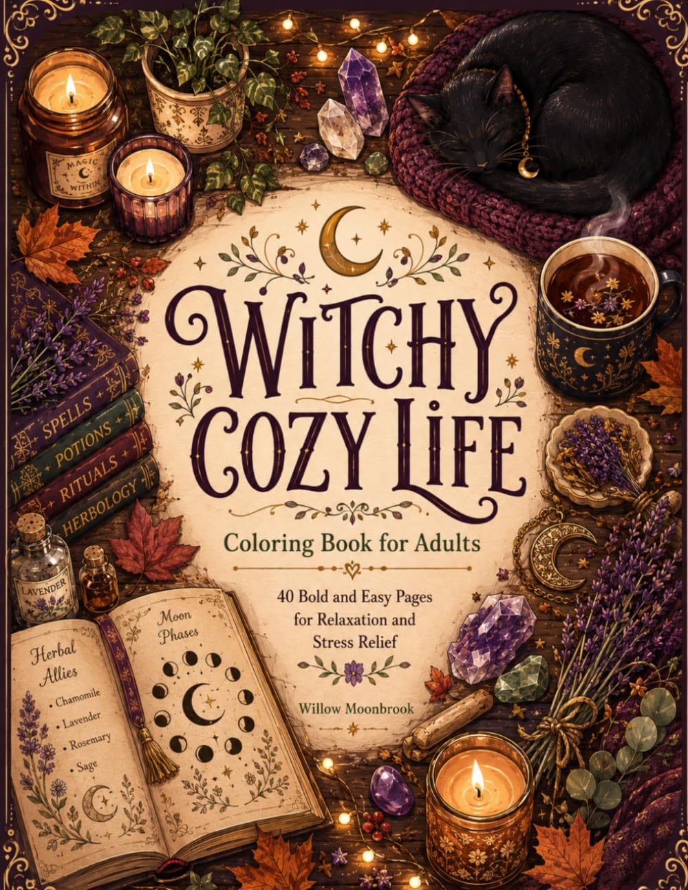 WITCHY COZY LIFE Coloring Book for Adults: 40 Bold and Easy Pages for Relaxation and Stress Relief