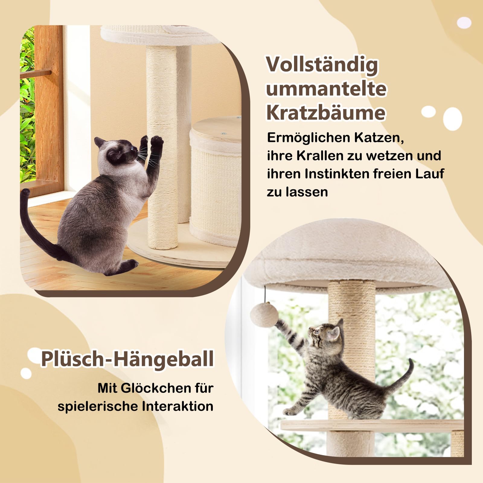 COSTWAY Kratzbaum Groß, Katzenbaum mit 2 Katzenhöhlen, Korb, Sisal-Kratzpfosten, Spielball & Plattform, Katzenkratzbaum Katzen Katzenmöbel, Kletterbaum Aktivitätsbaum, Holz, Natur, 152 cm hoch