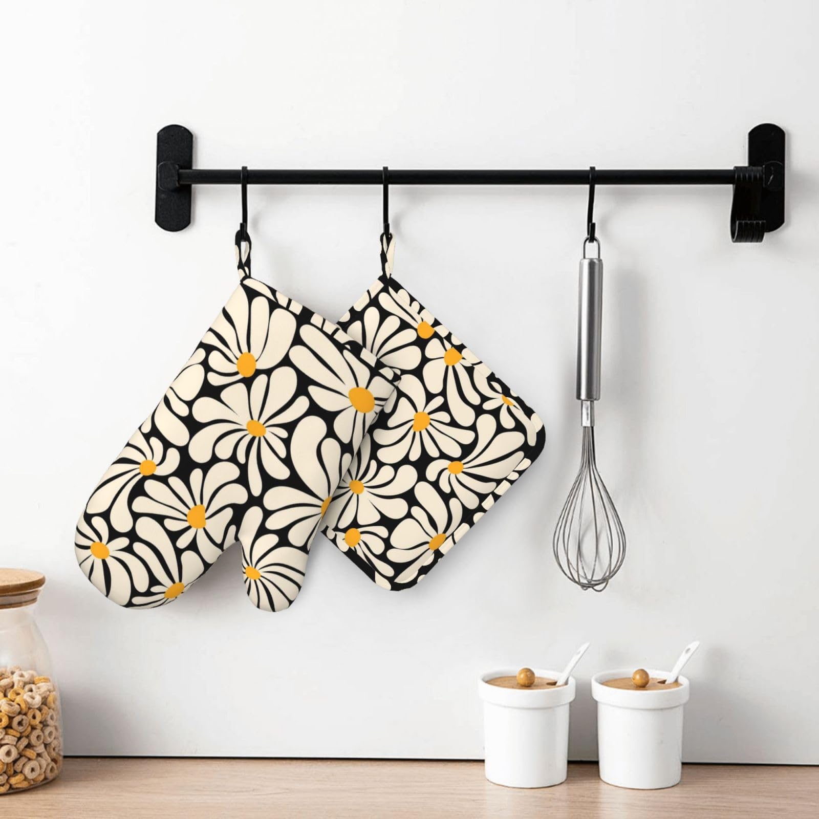 Boho Florals Lot de 4 gants de cuisine et maniques | Moufles de cuisine vintage en silicone à rayures noires et beiges pour cuisine, chef, barbecue, barbecue