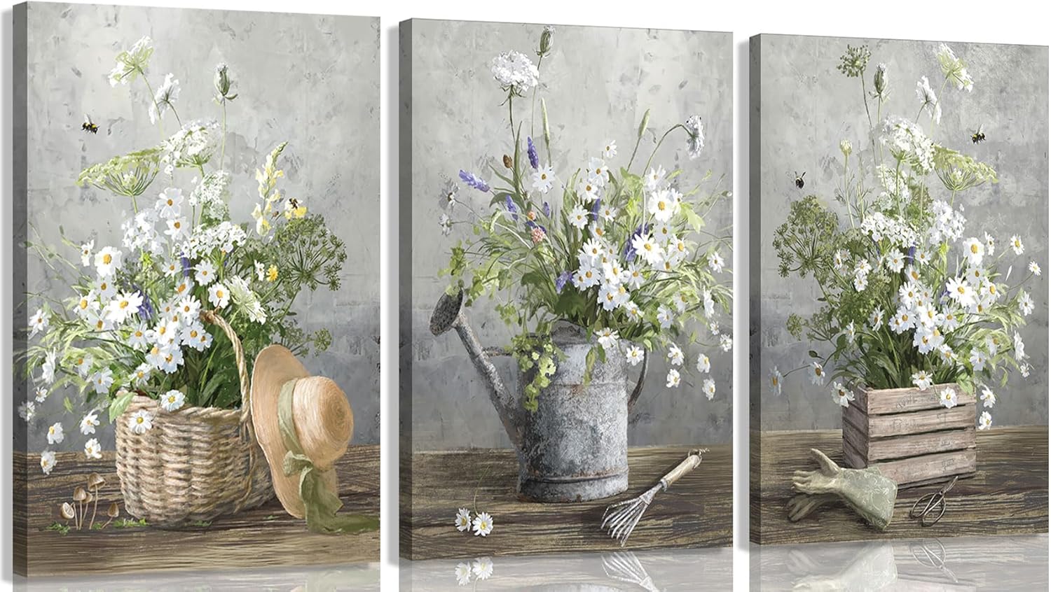 3pcs Country Daisies Canvas Wall Art Countryside Flower Painting Picture Wall Decor Farmhouse Still Life Basket Poster Print Artwork for Bathroom Bedroom Home Decoration 12x16in