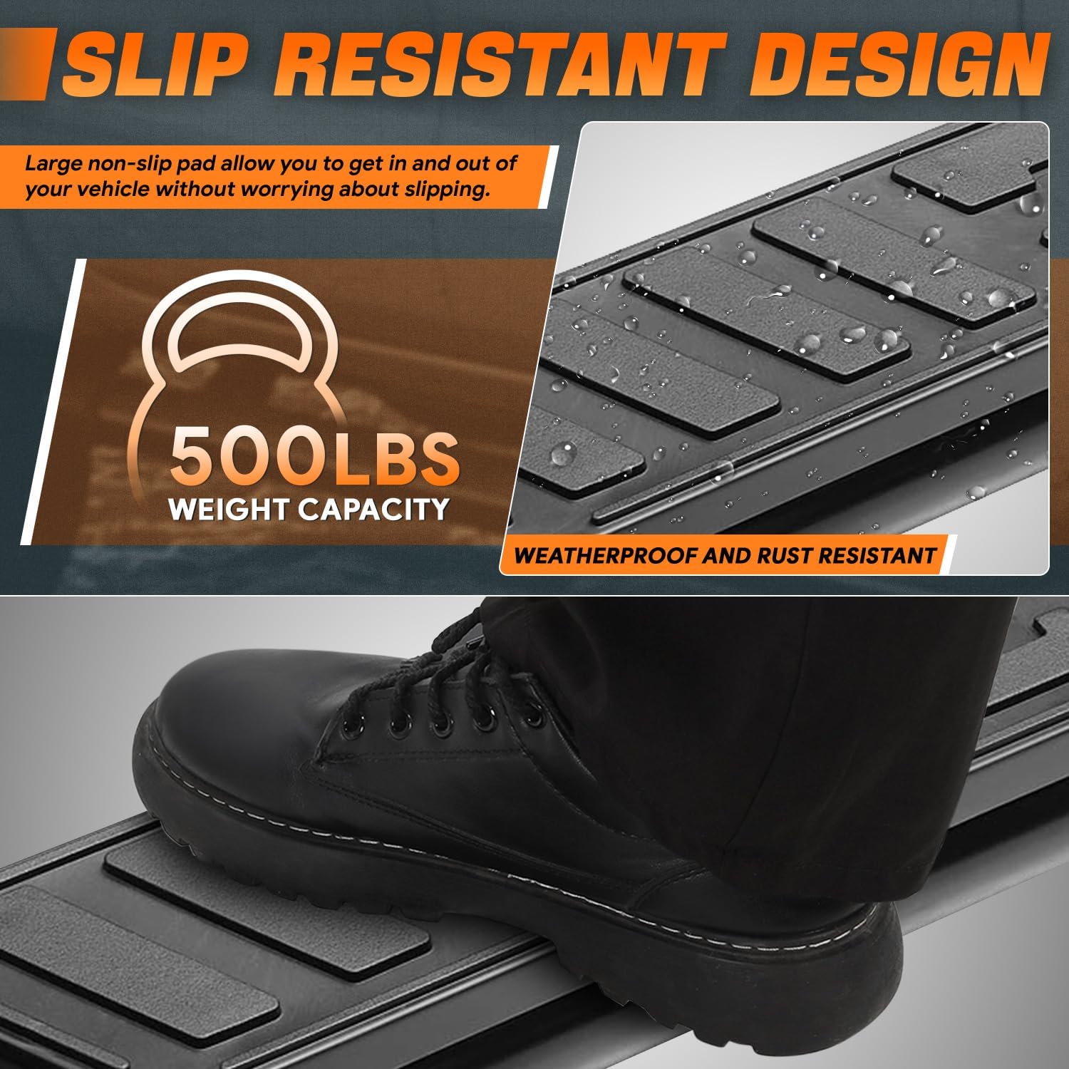 5 in. OD Oval Steel Side Step Nerf Bar Compatible with 01-14 Silverado Sierra 1500 2500HD 3500HD Crew Cab CAAP-STEPS5O-930BK