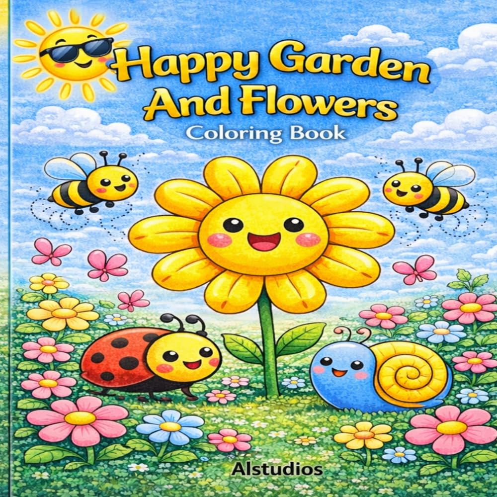 Happy Garden And Flowers Coloring Book: Happy Garden And Flowers Coloring Book | Cute Flowers, Bees and Garden Scenes for Relaxing Coloring