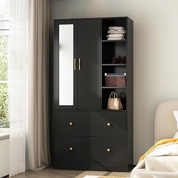 Armoire Wardrobe Closet with 2 Doors and Mirror, 71" Tall Bedroom Armoire with Flexible Hanging Rod, 3 Open Shelves and 2 Drawers, Black