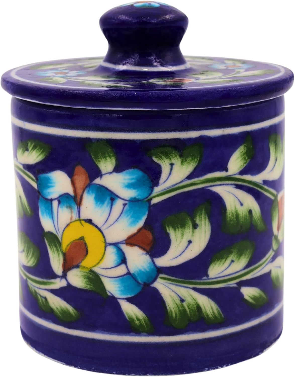 NATRIEL Rare Vintage Arts of India Blue Pottery Handmade Storage Jar with Lid, Handpainted Floral Design, Traditional Style, 3.74x3.74 Inch (Navy Blue)