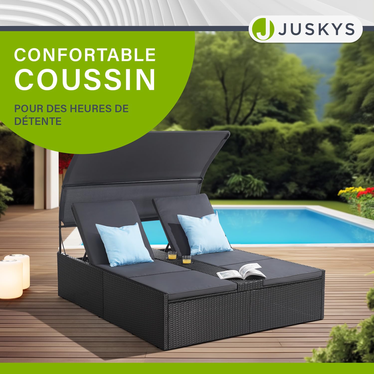 Juskys Chaise Longue Double en polyrotin Syros - Transat de Jardin pour 2 Personnes - Chaise d'extérieur avec auvent et Coussins - Appuie-tête réglable - Noir