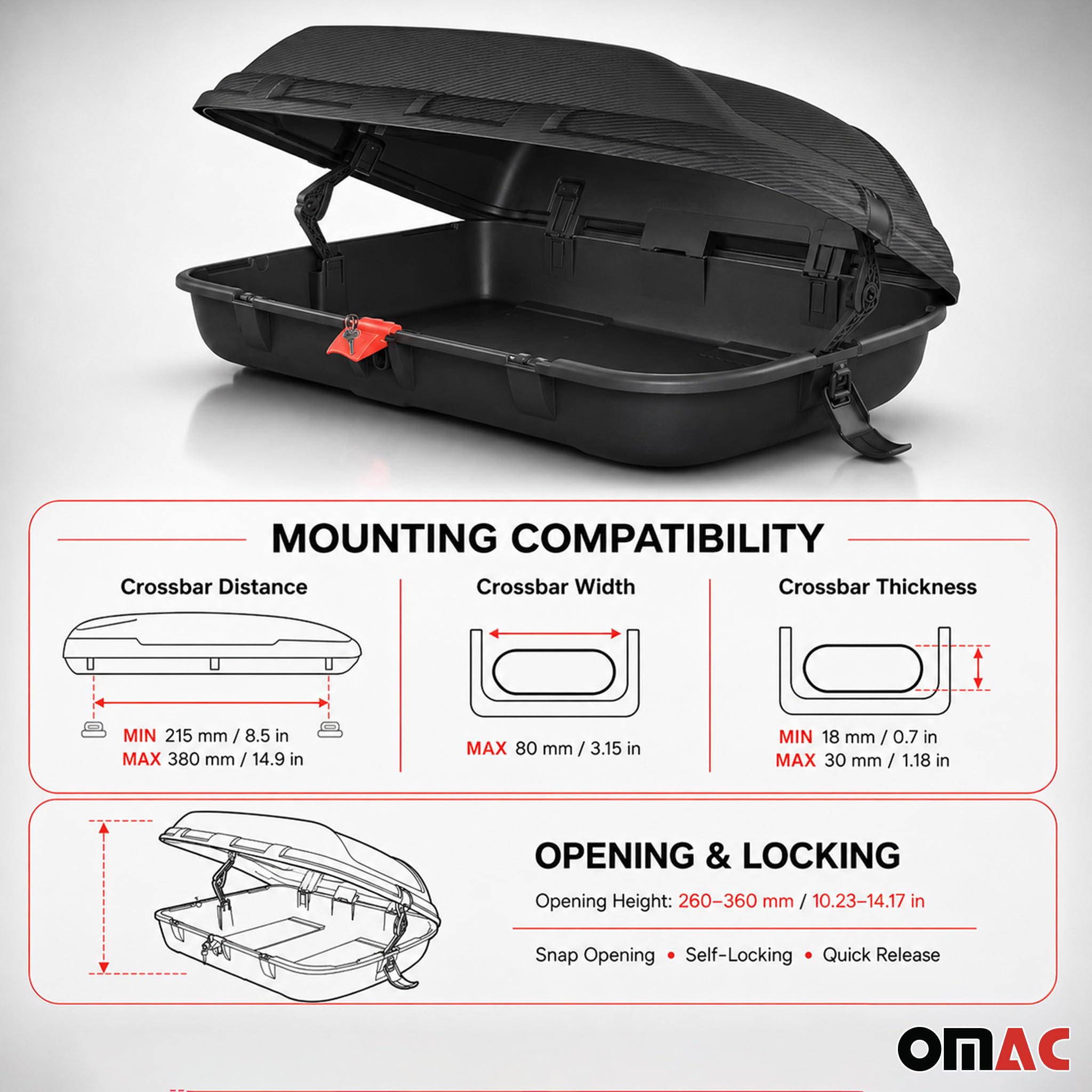 OMAC Coffre de Toit pour – Certifié TÜV – Système Avant Aluminium Verrouillable – 55 kg Charge Max – 270L