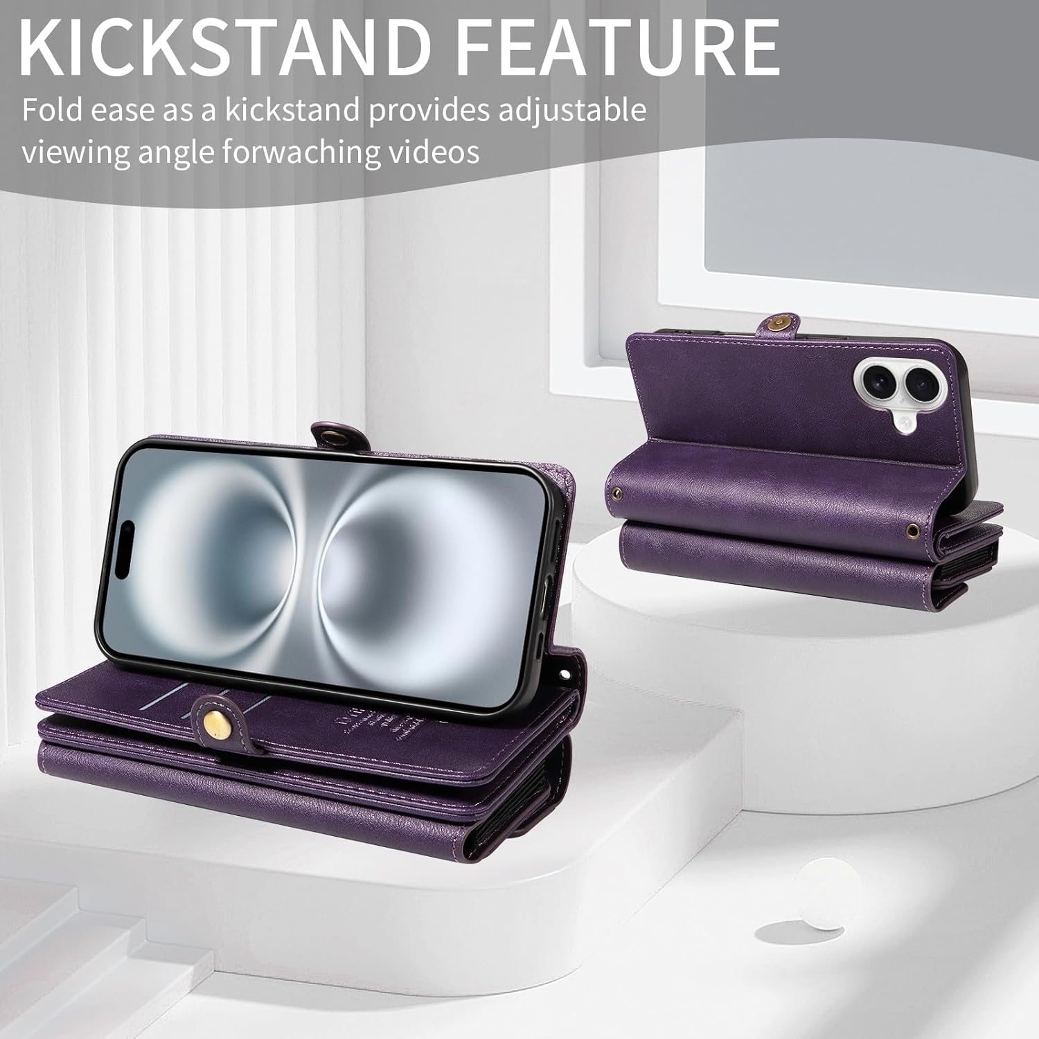 iPhone 16 Pro用ケース(カラー:ブラック) RFIDクロスボディストラップレザー多機能ウォレットフリップバックケース