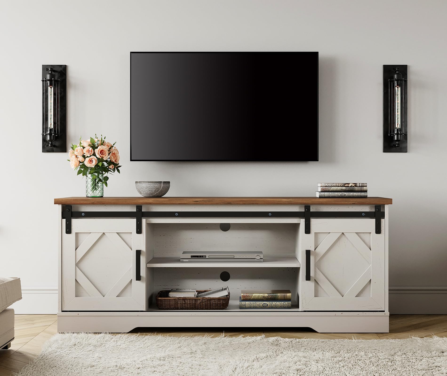 WAMPAT Modern Farmhouse TV Stand for up to 65" TV with Sliding Barn Door, 23.6" H Wood Entertainment Center with Adjustable Media Storage Shelf for Living Room, Antique White