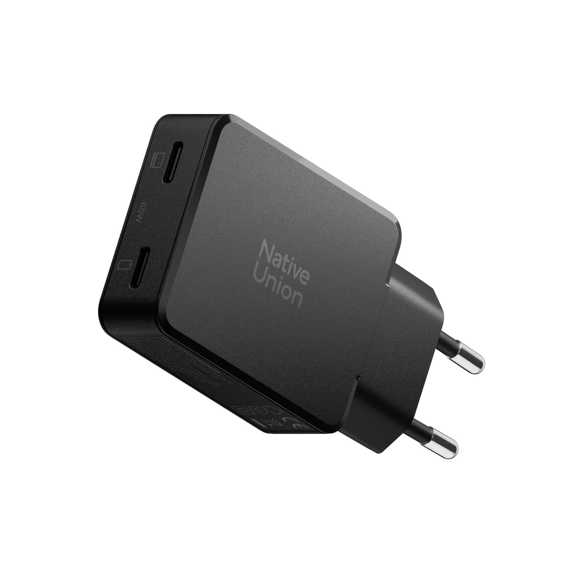 Native Union Chargeur GaN Pocket PD 65W – Chargeur Rapide Double USB‑C Ultra‑Fin – Jusqu’à 65W – idéal Voyage MacBook, PC Portables, iPad, iPhone (Noir)