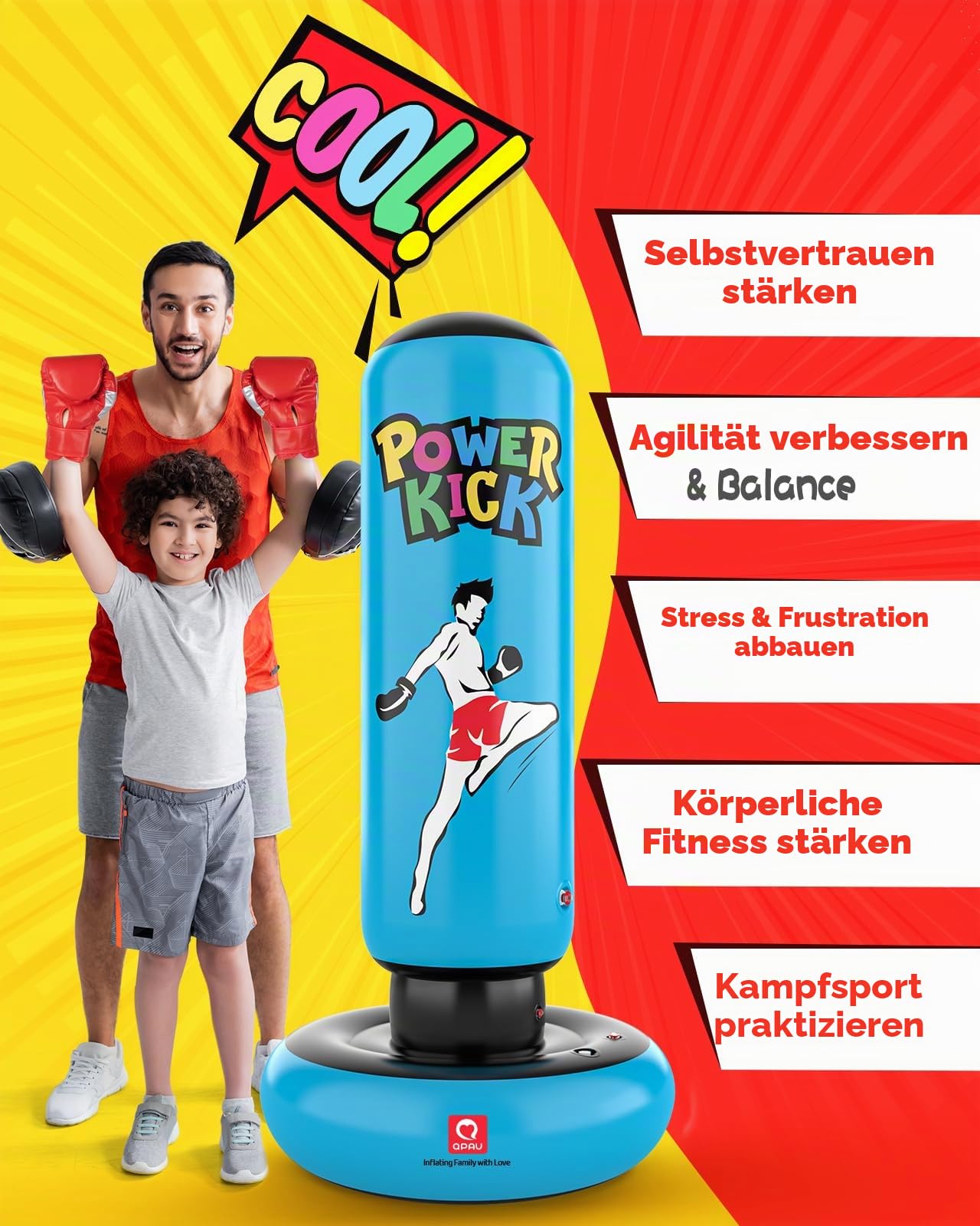 QPAU Kinder Boxsack Spielzeug mit Boxhandschuhen, 66 Zoll größere stabile Kinder aufblasbare Boxsack Set, Geschenke für Jungen & Mädchen Alter 6-12