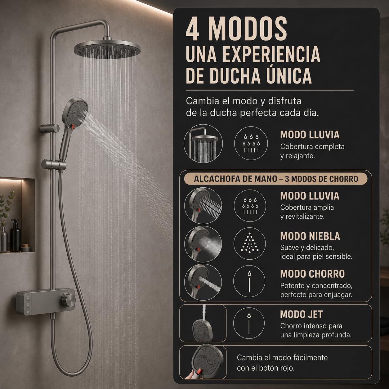 INEX EUROPA Columna de Ducha Negro Gris Titanio Premium Acero Inoxidable 10 Años Garantía - Columna Ducha Redonda Efecto Lluvia 3 Modos de Operación - Torre de Ducha 156cm Negro Gris Titanio