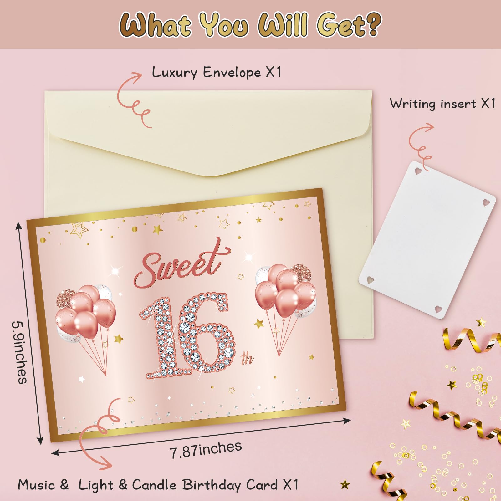 Turypaty Sweet 16th Birthday Cards Pop Up 3D Cake – Feuerwerk & Musik & Ausblaskerze Licht Lustige Happy 16 Party Dekorationen, Roségold 16. Geburtstag Karte Geschenke für Mädchen, Freunde, Tochter