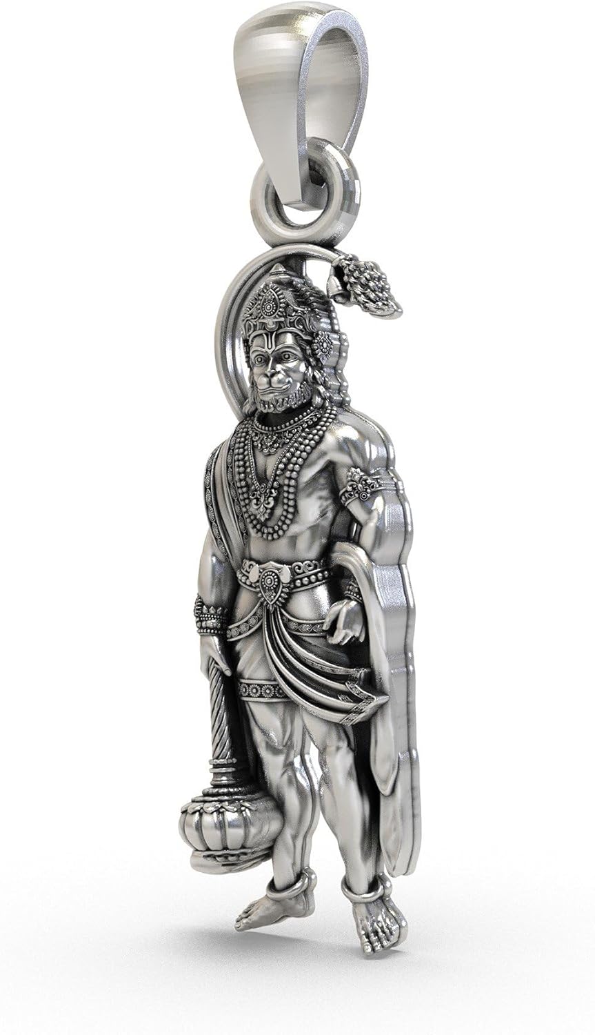 Exotic India 925 Sterling Silver Standing Lord Hanuman Bajrangbali Pendant for Men & Women