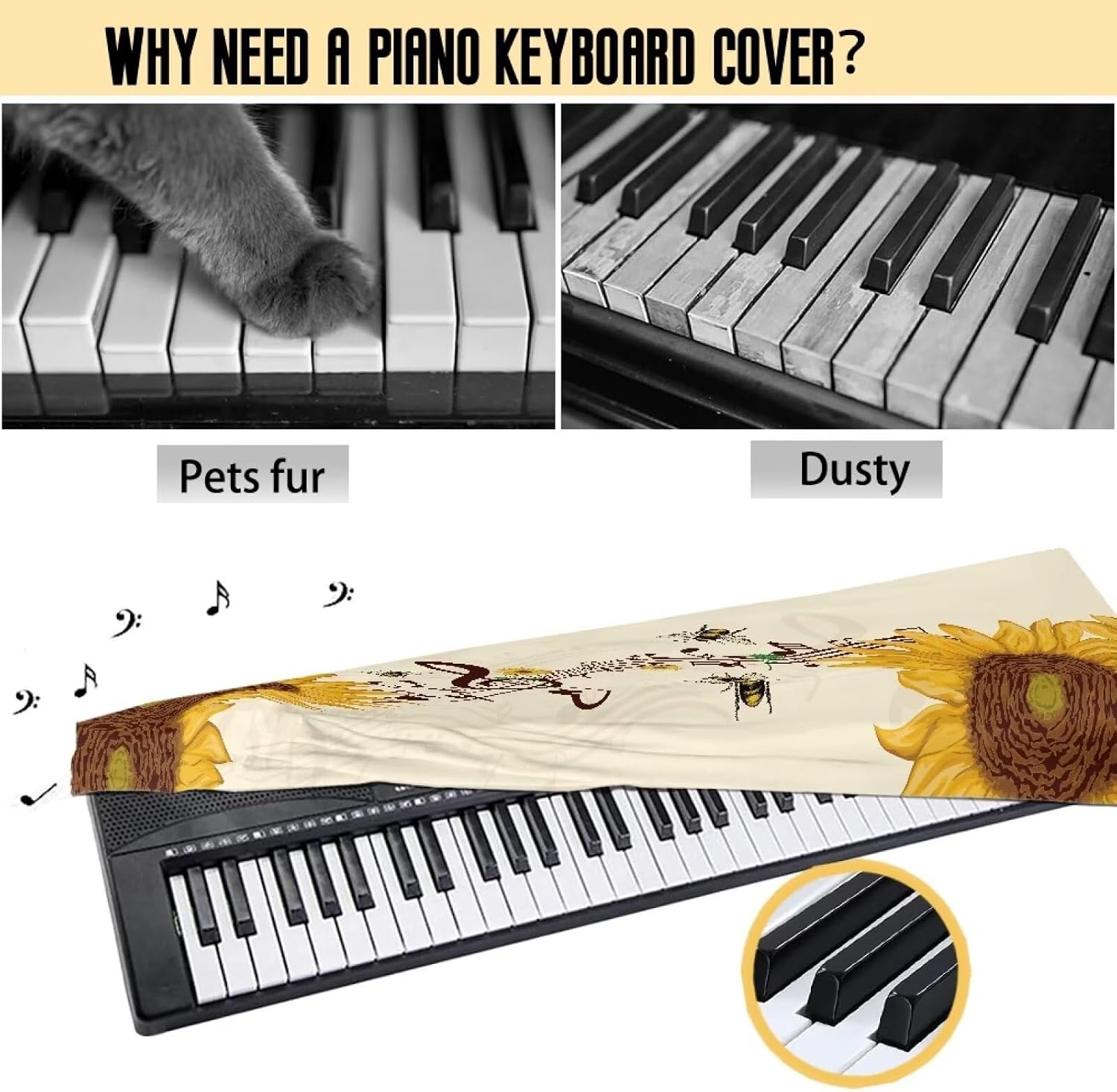 GLENLCWE Sunflower Music Note Print Keyboard Dust Cover Piano Dust Cover Washable Electric/Digital Piano Protective Cloth Fits Most 61/76 keys