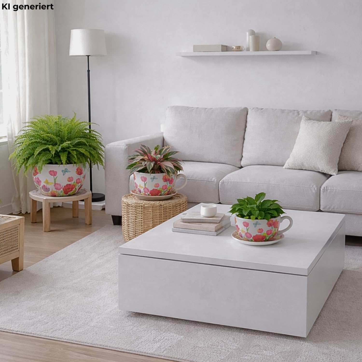 Dekohelden24 XXL Blumentopf, Pflanztasse, Pflanzkübel, Pflanzgefäß, Blumenkübel, Pflanztopf. Übertopf als Tasse mit Griff aus Keramik, Motiv: Tulpenmeer, L/B/H 34 x 28 x16 cm.