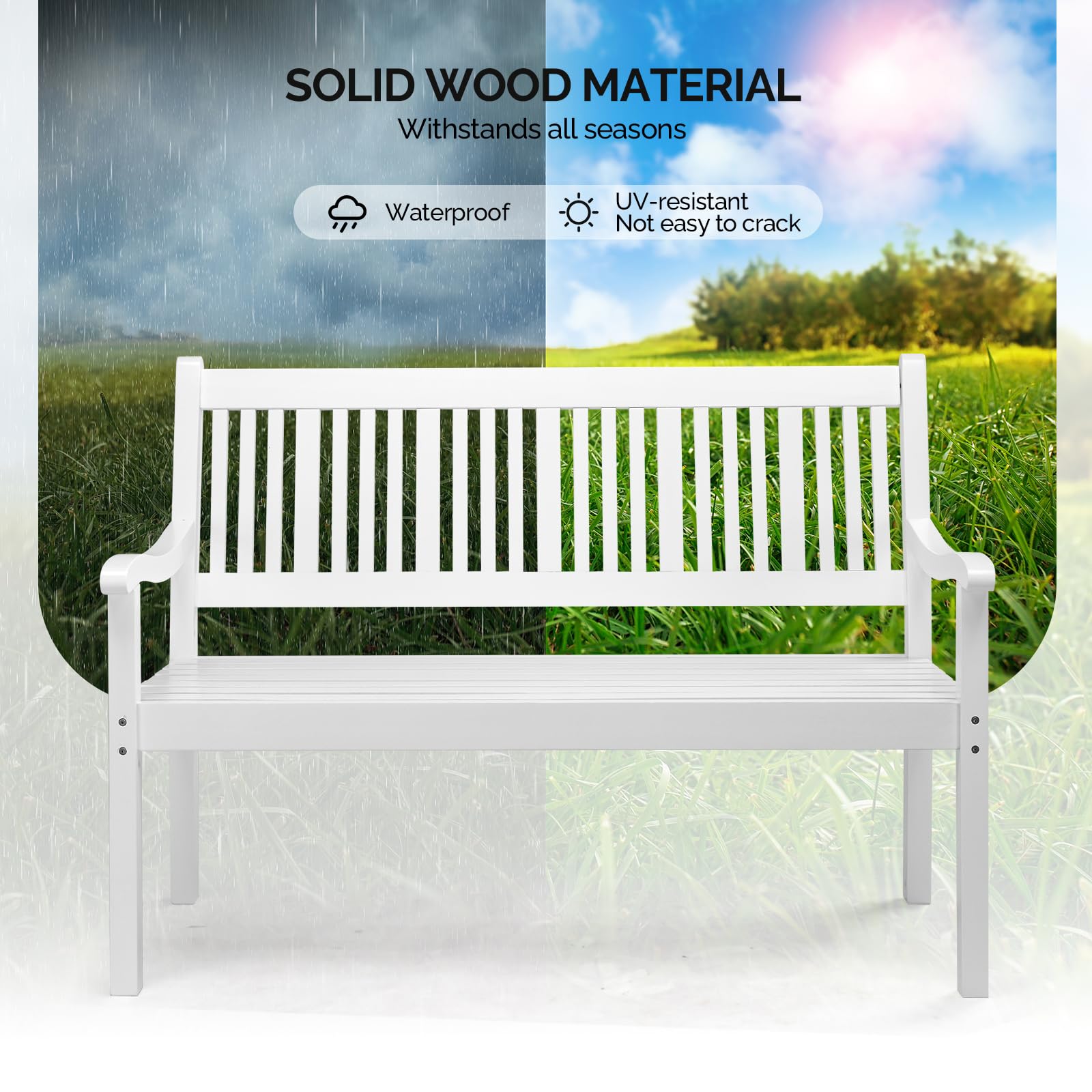 Bonnlo Banco de Jardín de Madera para 2-3 Personas, Wood Outdoor Bench 127 x 63 x 91 cm, Banco Exterior Resistente a la Intemperie, hasta 363 kg, para Patio Terraza Porche Parque (Blanco)