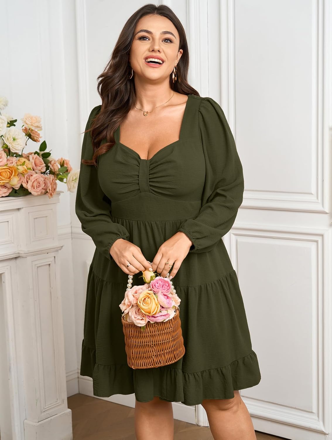 SCOMCHIC Women's Plus Size Dresses Cocktail Long Sleeve Sweetheart Neckline A Line Boho Cute Flowy Fall Mini Short Dress - Image 6