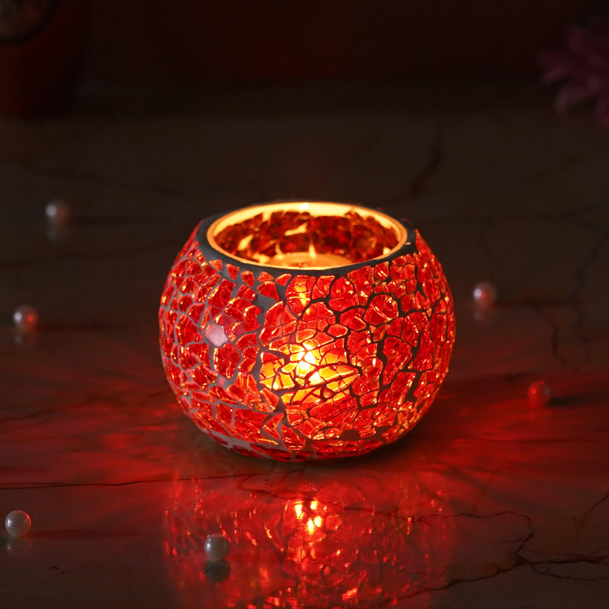 Red Mosaic Glass Tea Light Holder - Diwali Decor -6