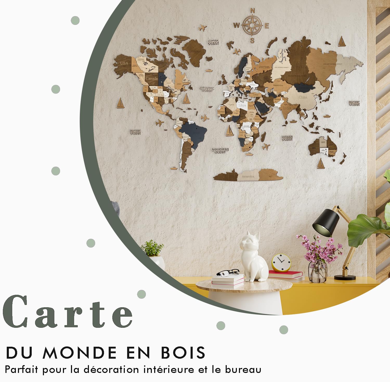 WoodLeo Carte du monde en bois (en français) - Décoration murale 3D - Taille de la carte (M, L, XL) - Art mural pour la maison, la cuisine ou le bureau