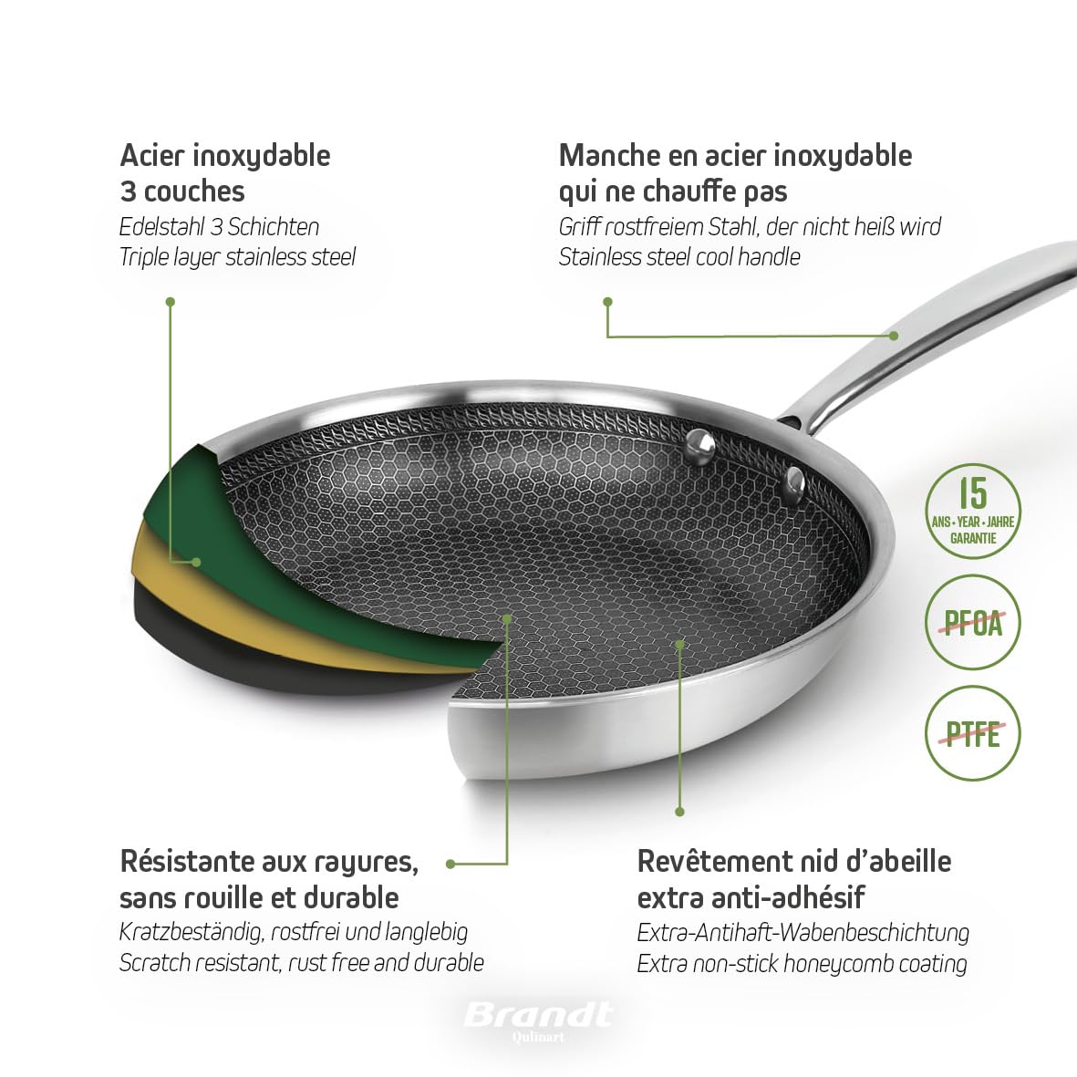 Qulinart by Brandt, Poêle en Acier Inoxydable Triply, Revêtement Nid d'Abeille Anti-Adhésif et Anti-rayures, Tous Feux dont Induction, Sans PFOA ni Couvercle, Argenté… (24 cm)